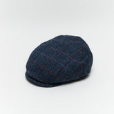 Carriston Harris Tweed Flat Cap – Navy Check, 100% Pure New Wool