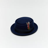 Classic Navy Wool Pork Pie Hat Flat Crown with Feather
