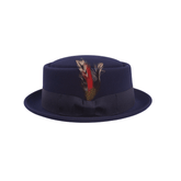Classic Navy Wool Pork Pie Hat Flat Crown with Feather