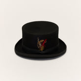 Carriston black wool felt top hat front view with grosgrain ribbon and feather