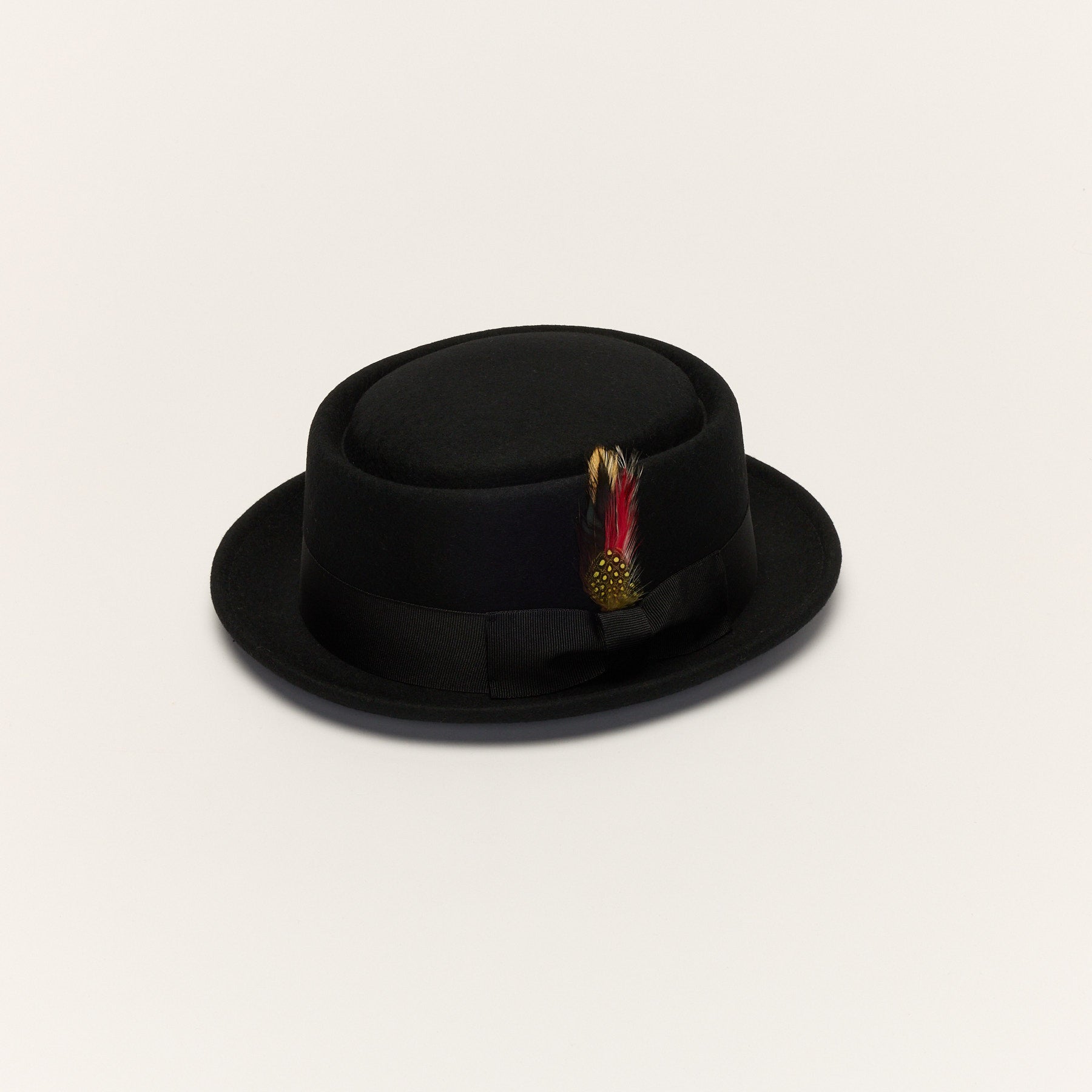 Wool Pork Pie Hat Flat Crown Feather