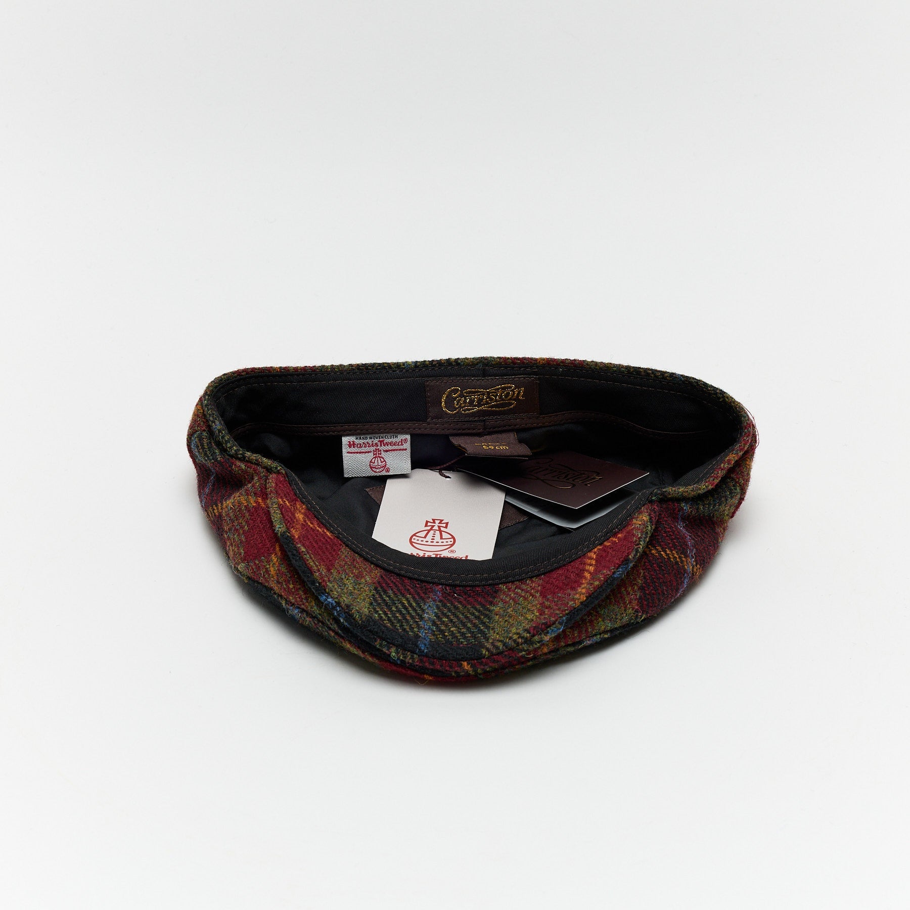 Carriston Harris Tweed Flat Cap – Burgundy Check, 100% Pure New Wool