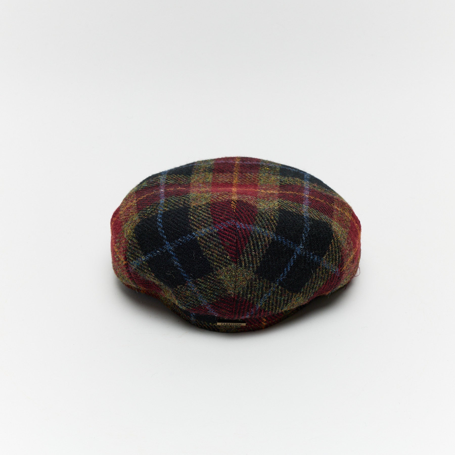 Carriston Harris Tweed Flat Cap – Burgundy Check, 100% Pure New Wool