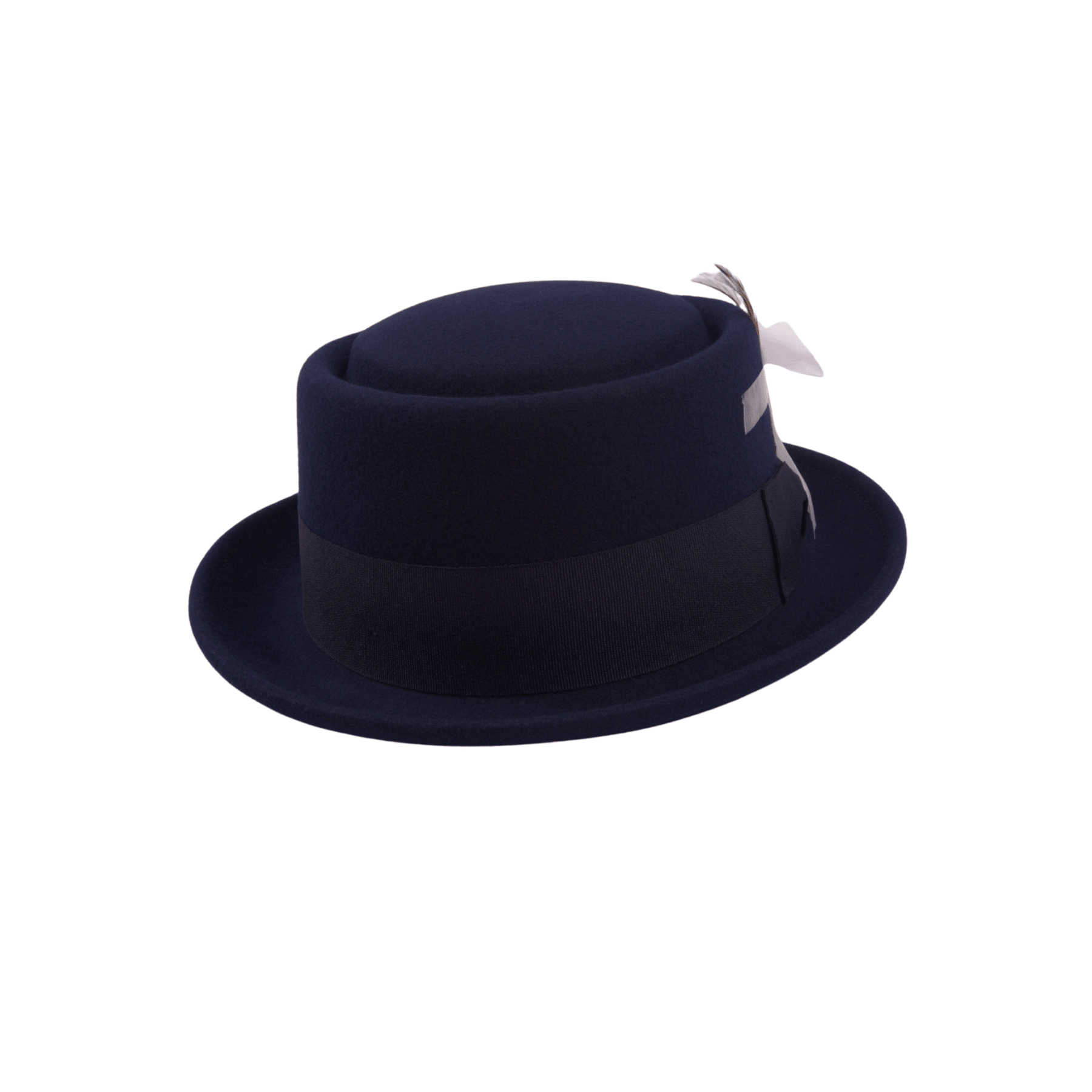 Classic Navy Wool Pork Pie Hat Flat Crown with Feather