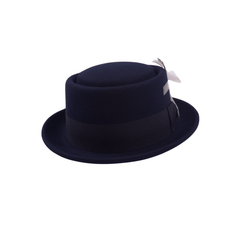 Classic Navy Wool Pork Pie Hat Flat Crown with Feather