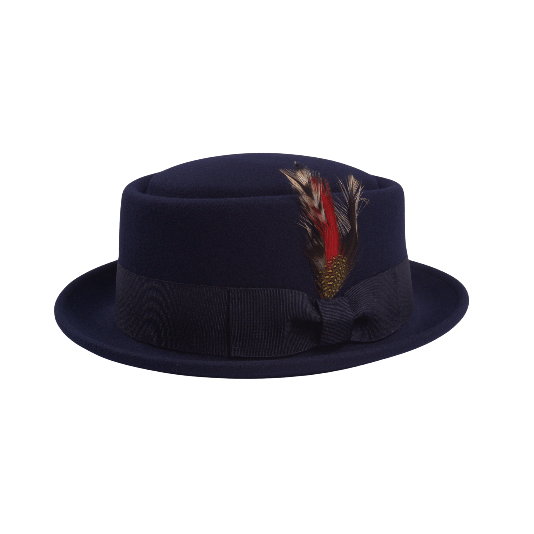 Classic Navy Wool Pork Pie Hat Flat Crown with Feather