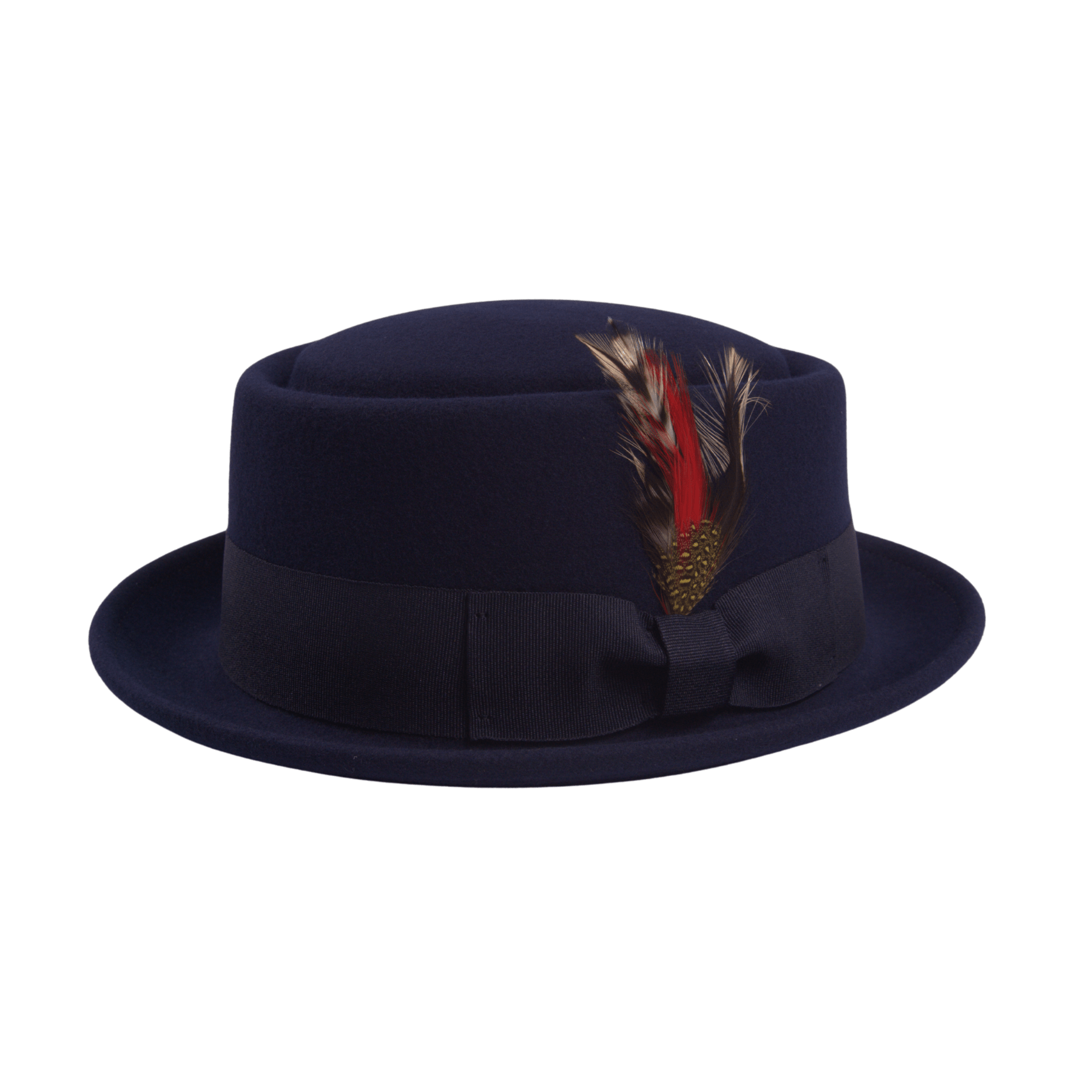 Classic Navy Wool Pork Pie Hat Flat Crown with Feather