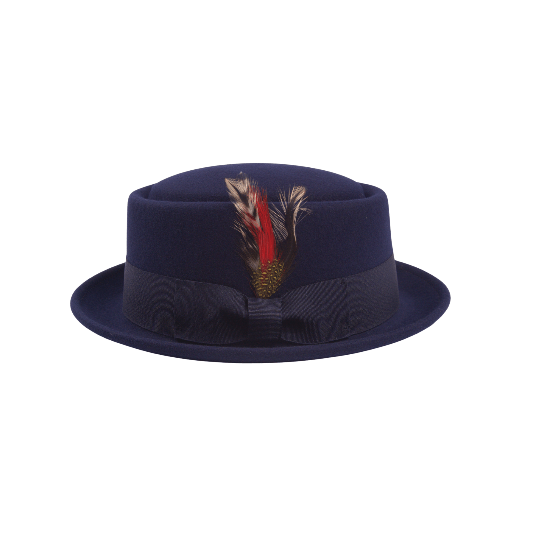 Classic Navy Wool Pork Pie Hat Flat Crown with Feather