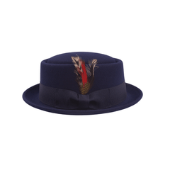 Classic Navy Wool Pork Pie Hat Flat Crown with Feather