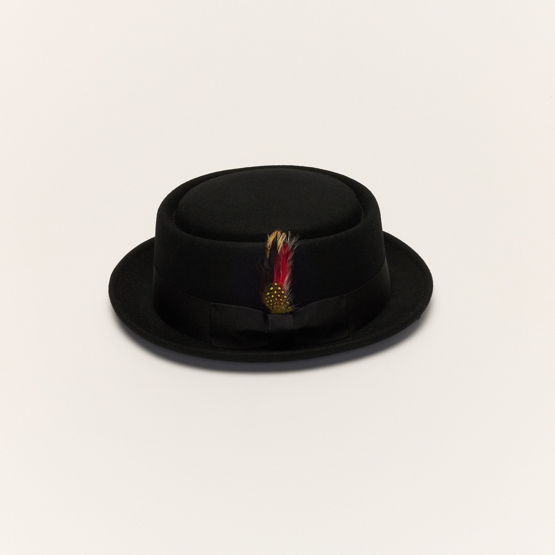 Wool Pork Pie Hat Flat Crown Feather